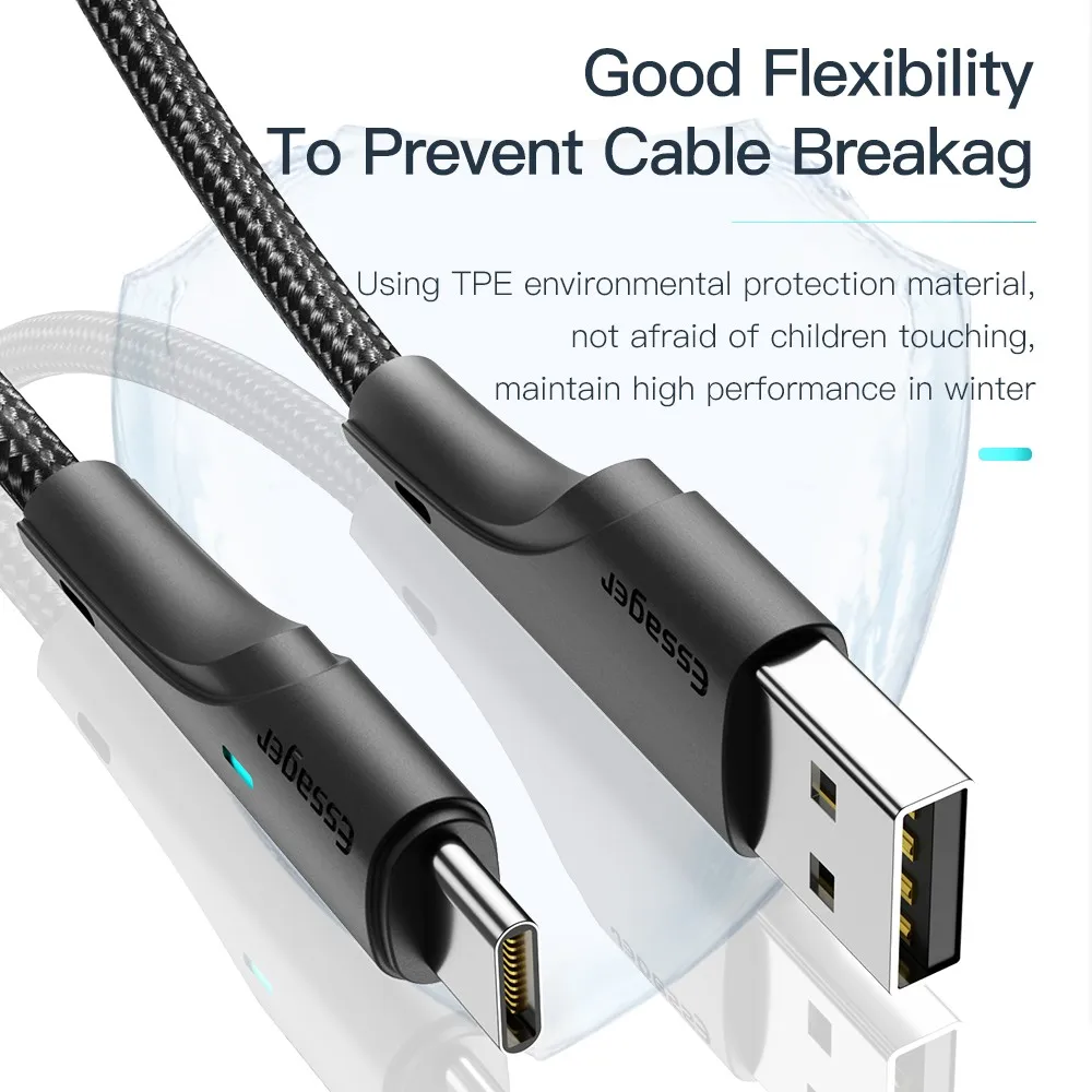 Кабель Essager Rousseau USB - USB Type-C (M/M), 1 м Black (EXCT-LS01) - мініатюра 2