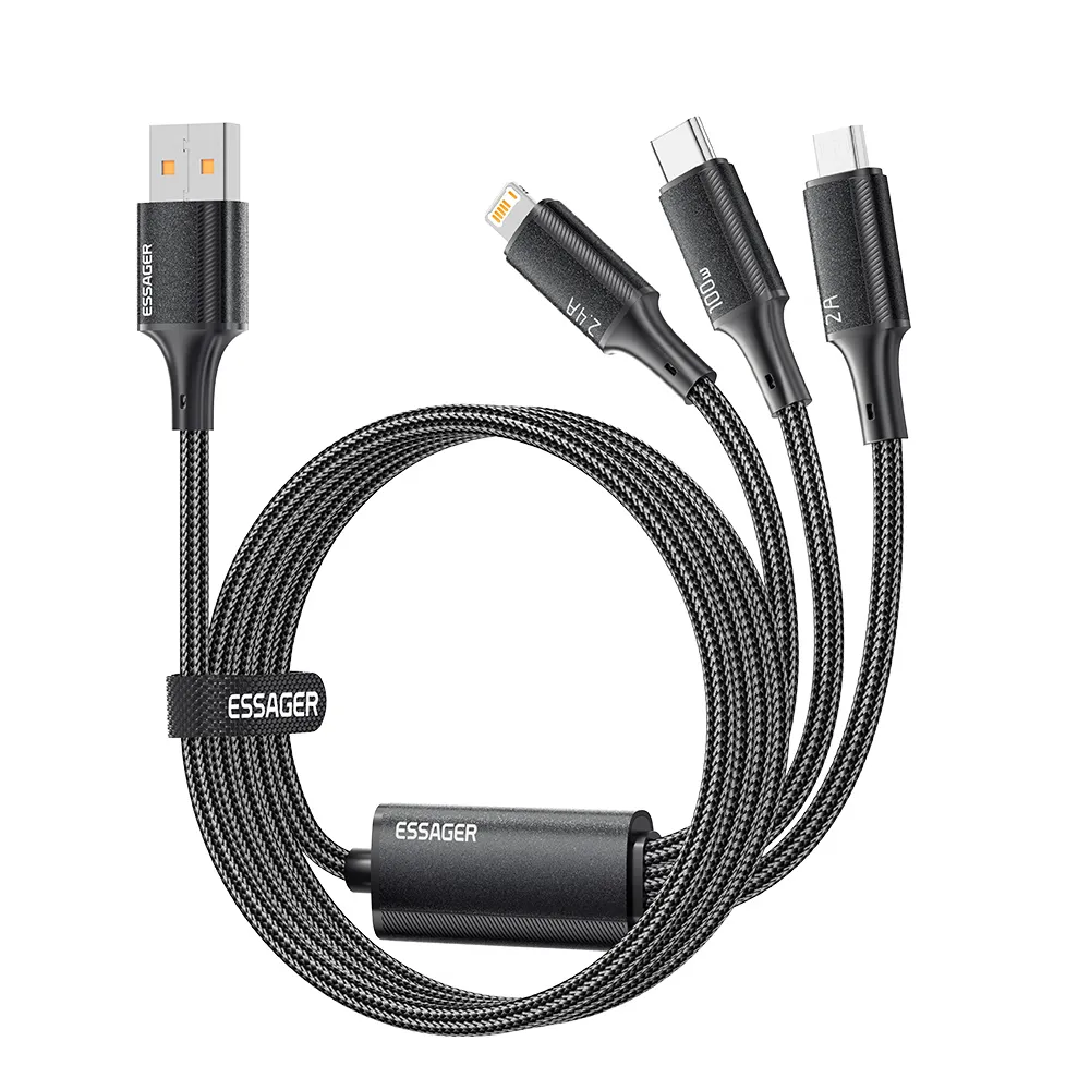 Кабель Essager Simple 3 in 1 USB - MicroUSB+USB Type-C+Lightning (M/M), 100W, 1.2 м Black (EXCMTL-JJ01-P) - зображення 1