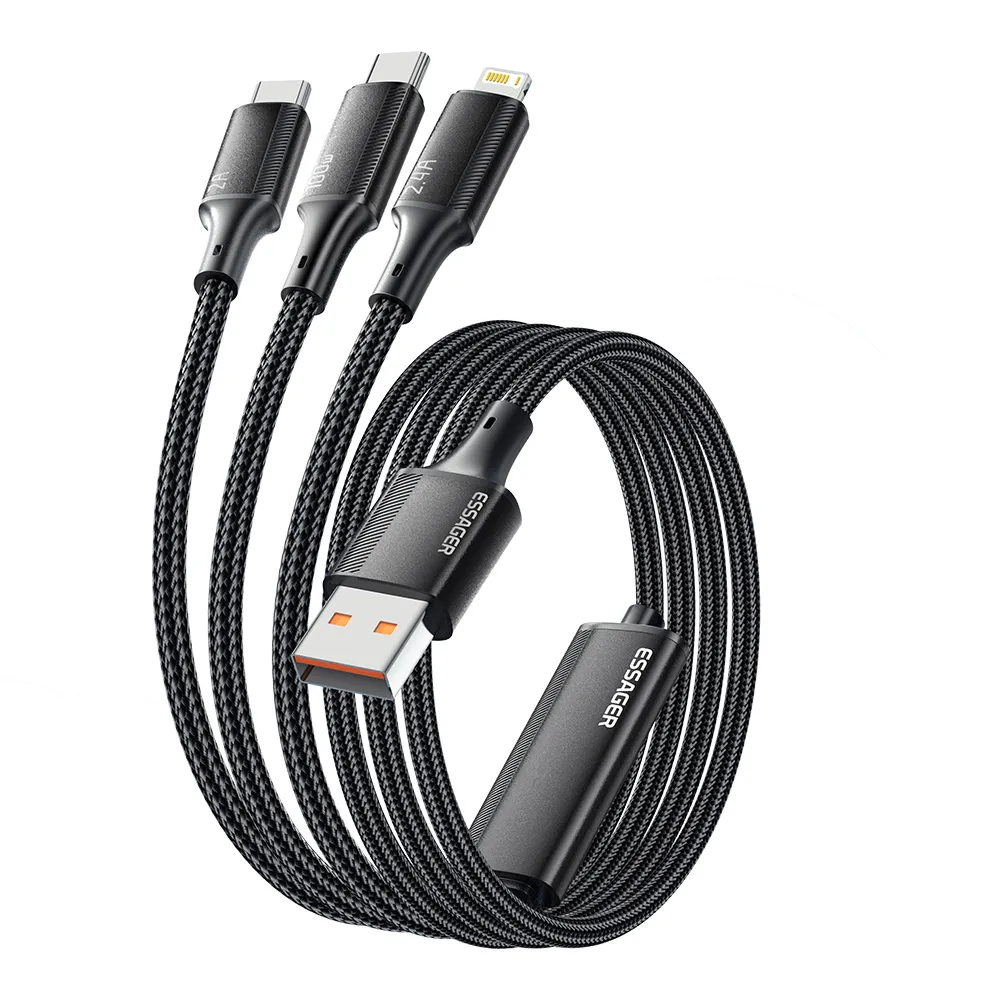 Кабель Essager Simple 3 in 1 USB - MicroUSB+USB Type-C+Lightning (M/M), 100W, 1.2 м Black (EXCMTL-JJ01-P) - мініатюра 2
