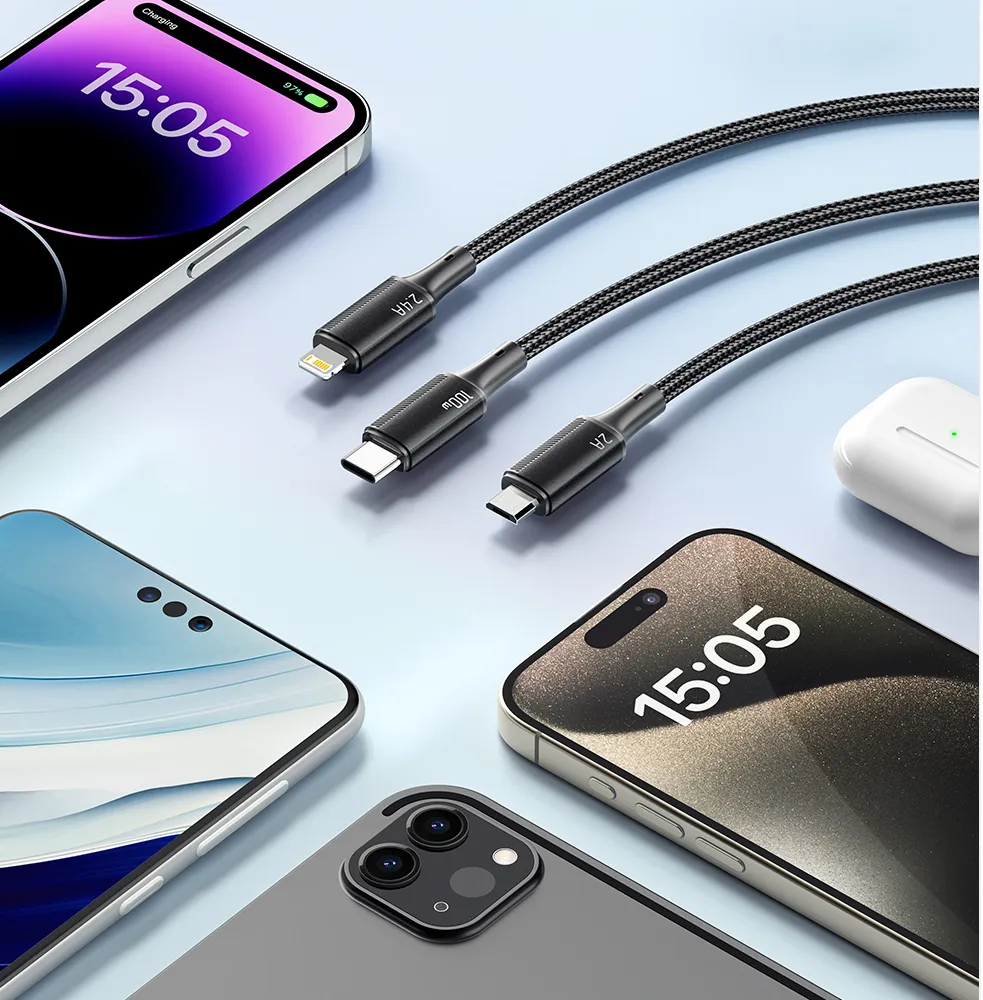 Кабель Essager Simple 3 in 1 USB - MicroUSB+USB Type-C+Lightning (M/M), 100W, 1.2 м Black (EXCMTL-JJ01-P) - мініатюра 4
