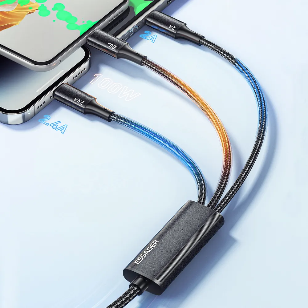 Кабель Essager Simple 3 in 1 USB - MicroUSB+USB Type-C+Lightning (M/M), 100W, 1.2 м Black (EXCMTL-JJ01-P) - мініатюра 5