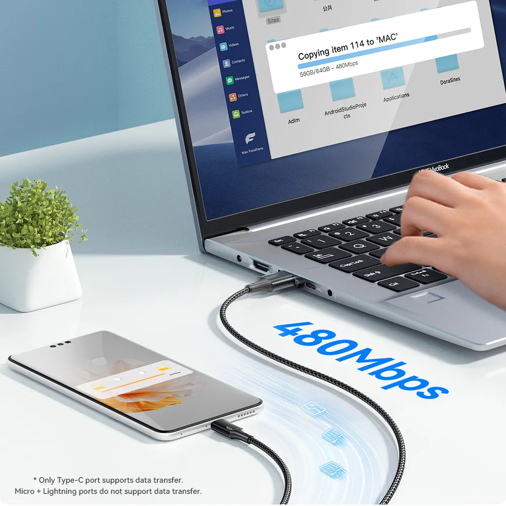 Кабель Essager Simple 3 in 1 USB - MicroUSB+USB Type-C+Lightning (M/M), 100W, 1.2 м Black (EXCMTL-JJ01-P) - мініатюра 7