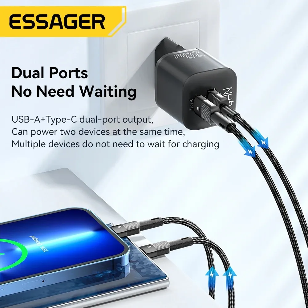Мережевий зарядний пристрій Essager Camber 20W USB A + Type C Black (ECTAC-HMB01-P) - мініатюра 3