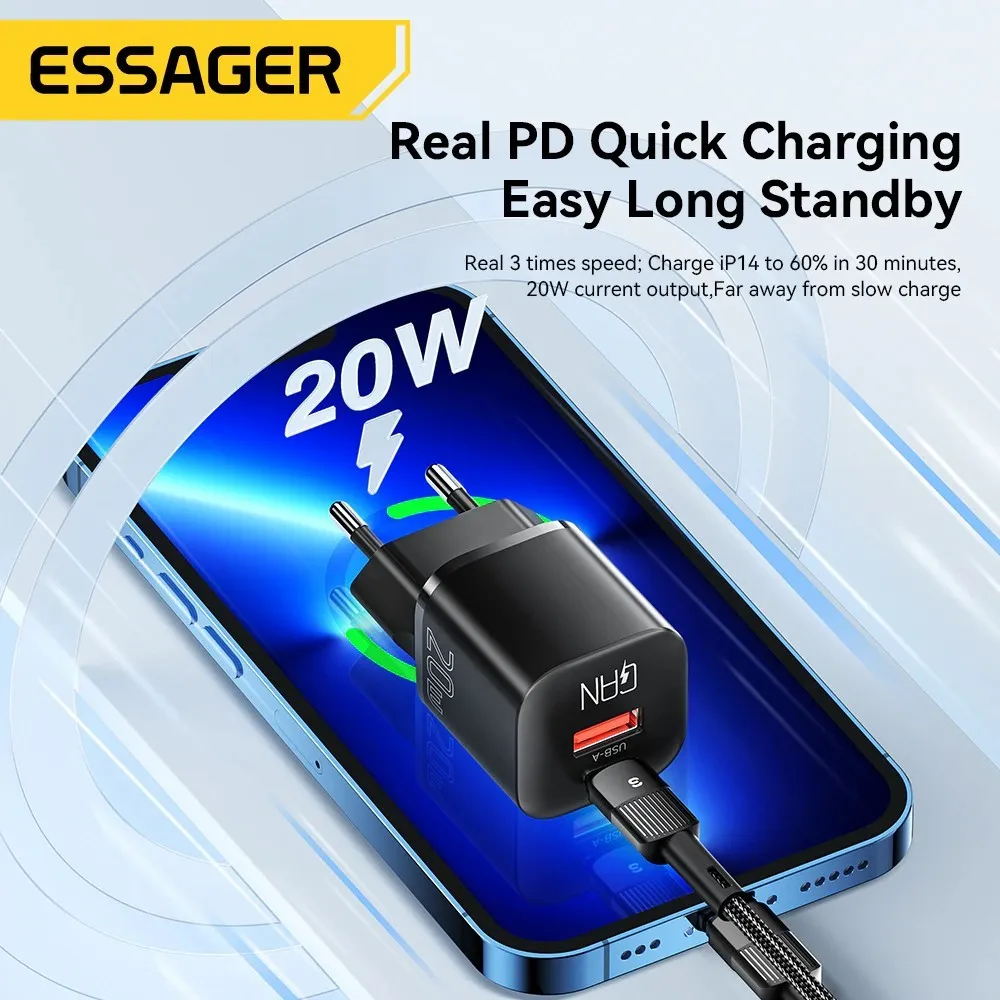 Мережевий зарядний пристрій Essager Camber 20W USB A + Type C Black (ECTAC-HMB01-P) - мініатюра 4