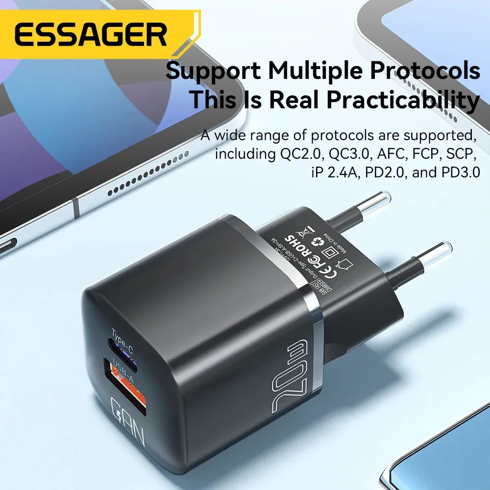 Мережевий зарядний пристрій Essager Camber 20W USB A + Type C Black (ECTAC-HMB01-P) - мініатюра 5