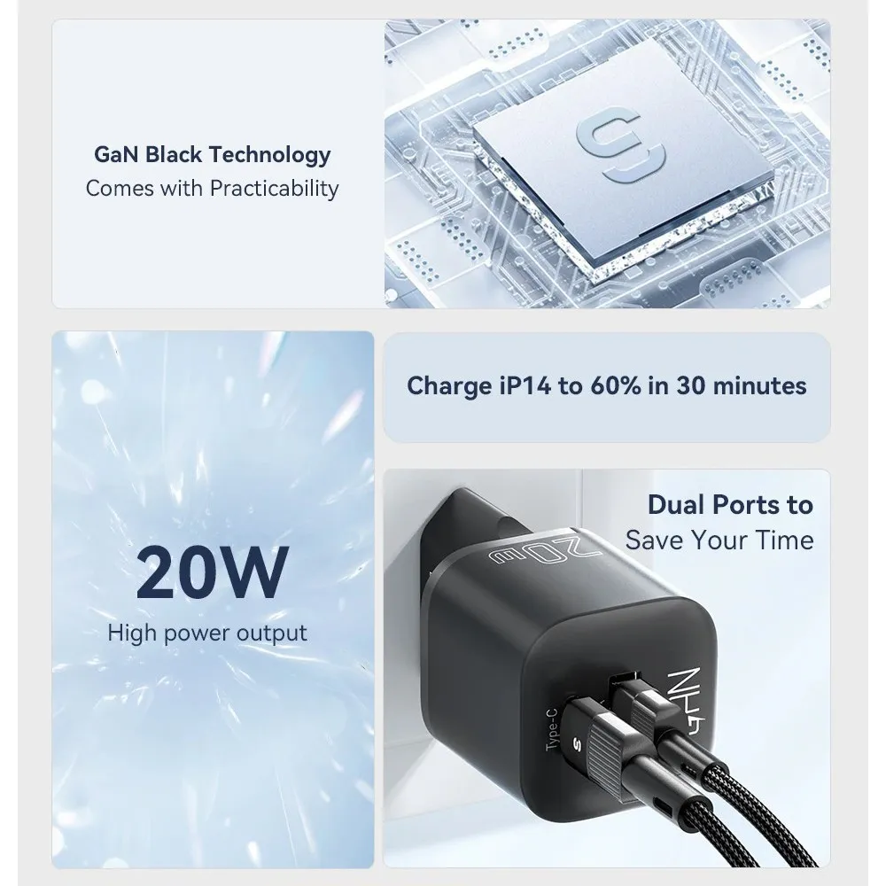 Мережевий зарядний пристрій Essager Camber 20W USB A + Type C Black (ECTAC-HMB01-P) - мініатюра 7