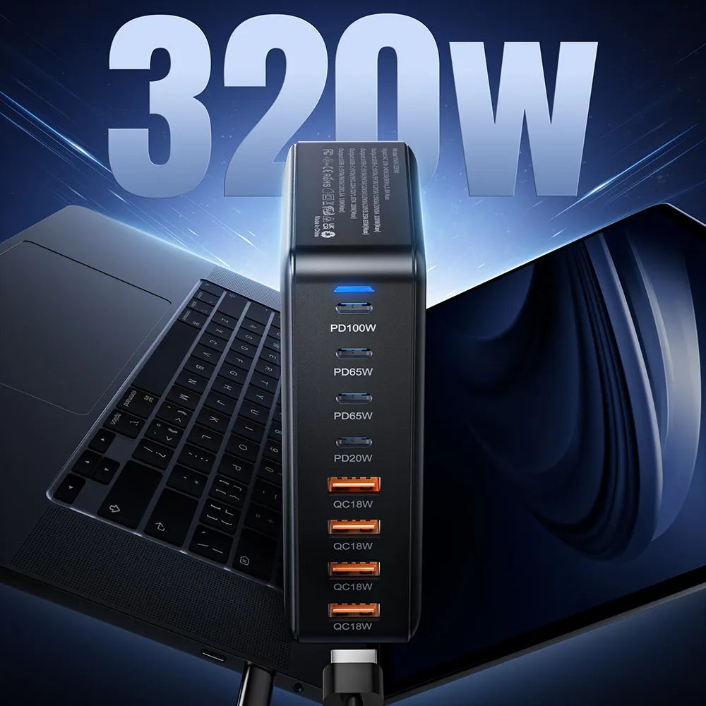 Мережевий зарядний пристрій Essager Engine 320W 4xUSB-C+4xUSB-A Black (EZC320W-QJB0G-Z) - мініатюра 6