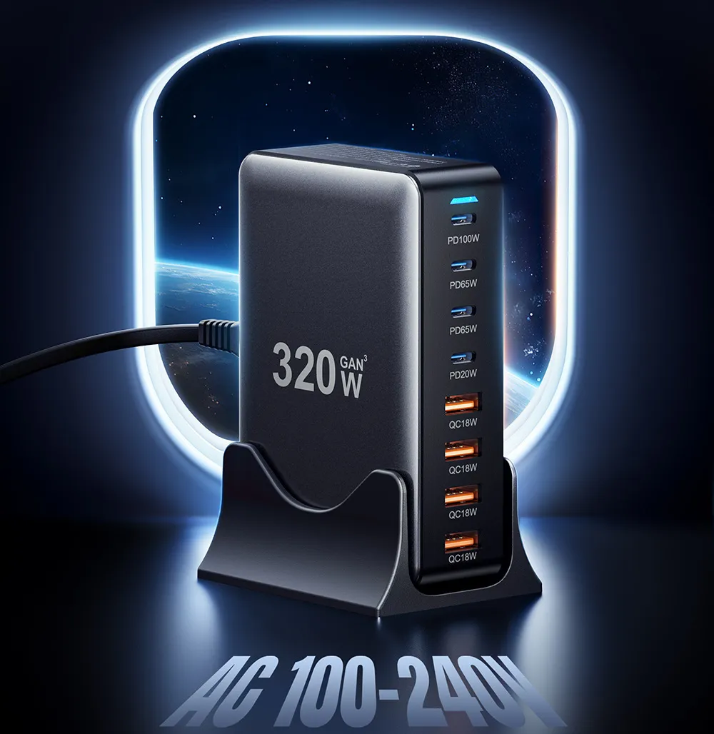 Мережевий зарядний пристрій Essager Engine 320W 4xUSB-C+4xUSB-A Black (EZC320W-QJB0G-Z) - мініатюра 7