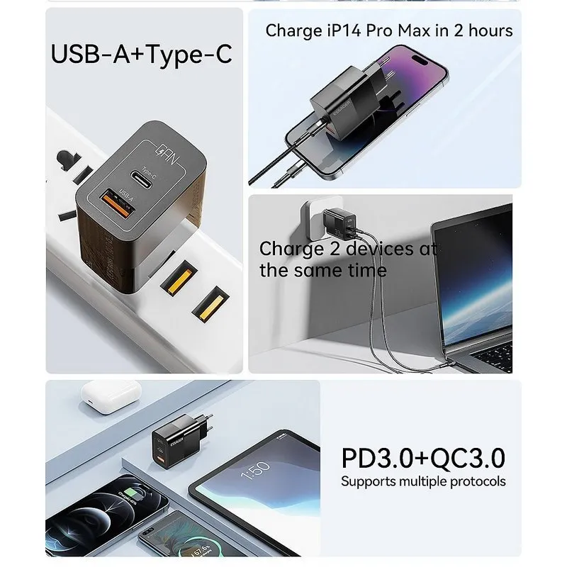 Мережевий зарядний пристрій Essager Pinchen 33W USB A + TYPE C Black (ECTAC-PCB01-P) - мініатюра 10