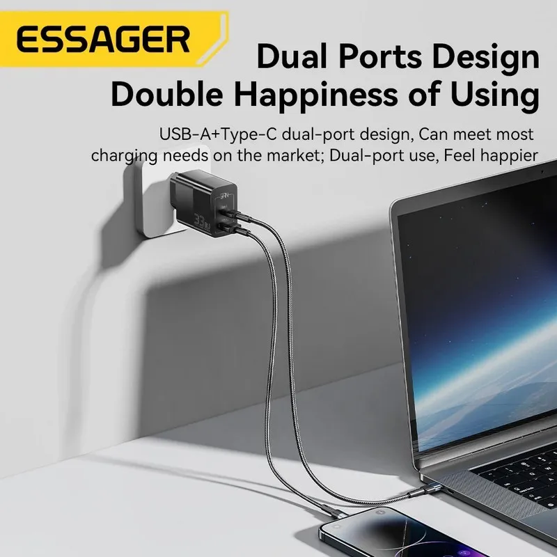 Мережевий зарядний пристрій Essager Pinchen 33W USB A + TYPE C Black (ECTAC-PCB01-P) - мініатюра 3