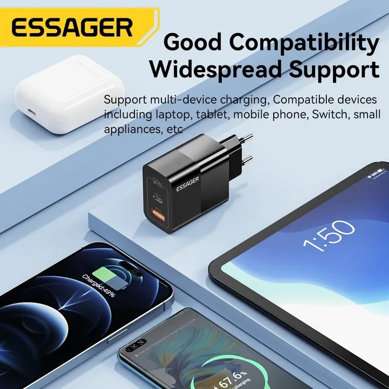 Мережевий зарядний пристрій Essager Pinchen 33W USB A + TYPE C Black (ECTAC-PCB01-P) - мініатюра 4