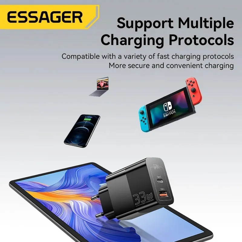 Мережевий зарядний пристрій Essager Pinchen 33W USB A + TYPE C Black (ECTAC-PCB01-P) - мініатюра 5