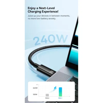 Кабель Baseus Tungsten Gold Fast Charging Type-C to Type-C 240W (1m) black - мініатюра 9