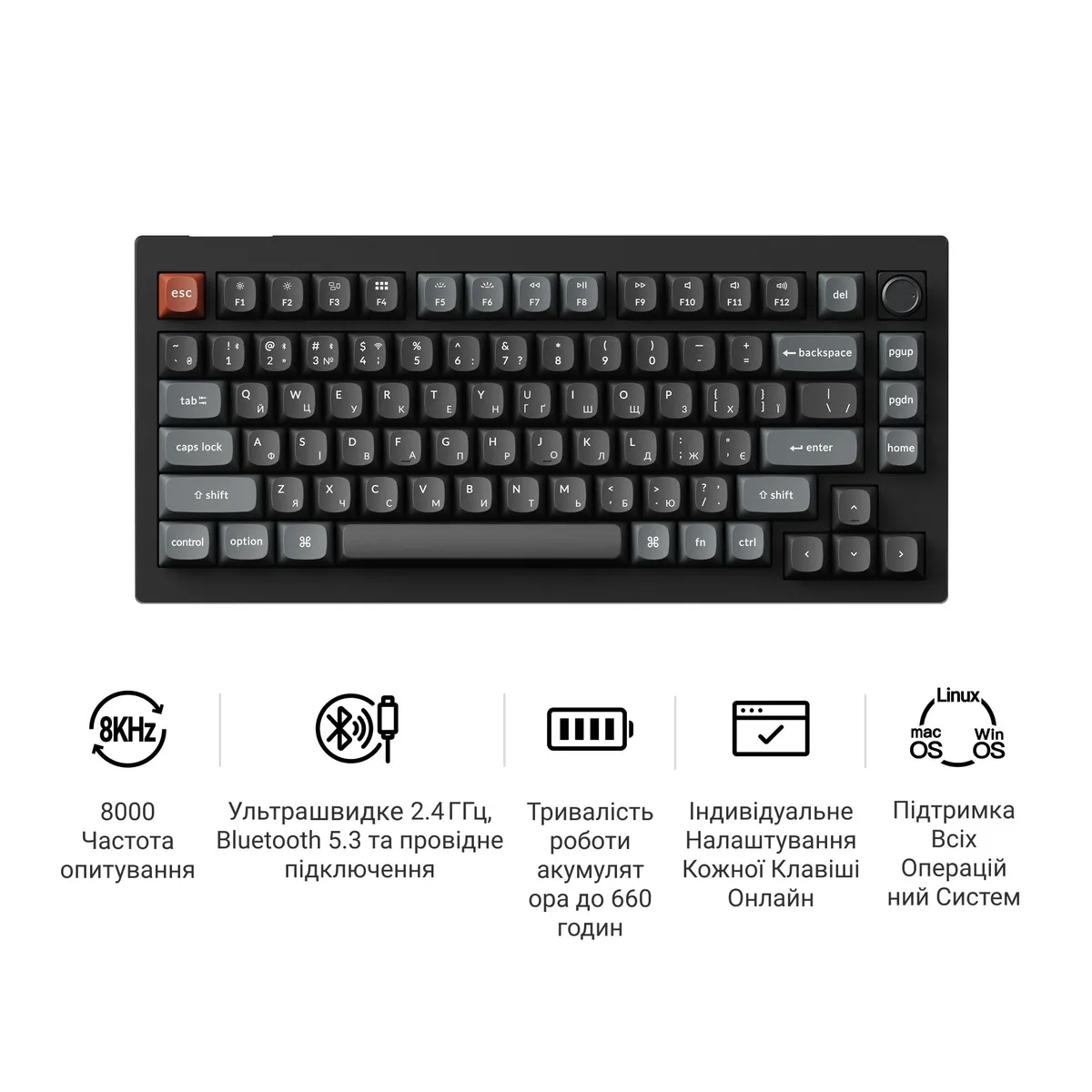 Клавіатура бездротова Keychron V1 Ultra Keychron Red Switch Black RGB (V1U-D1-UA) - мініатюра 8