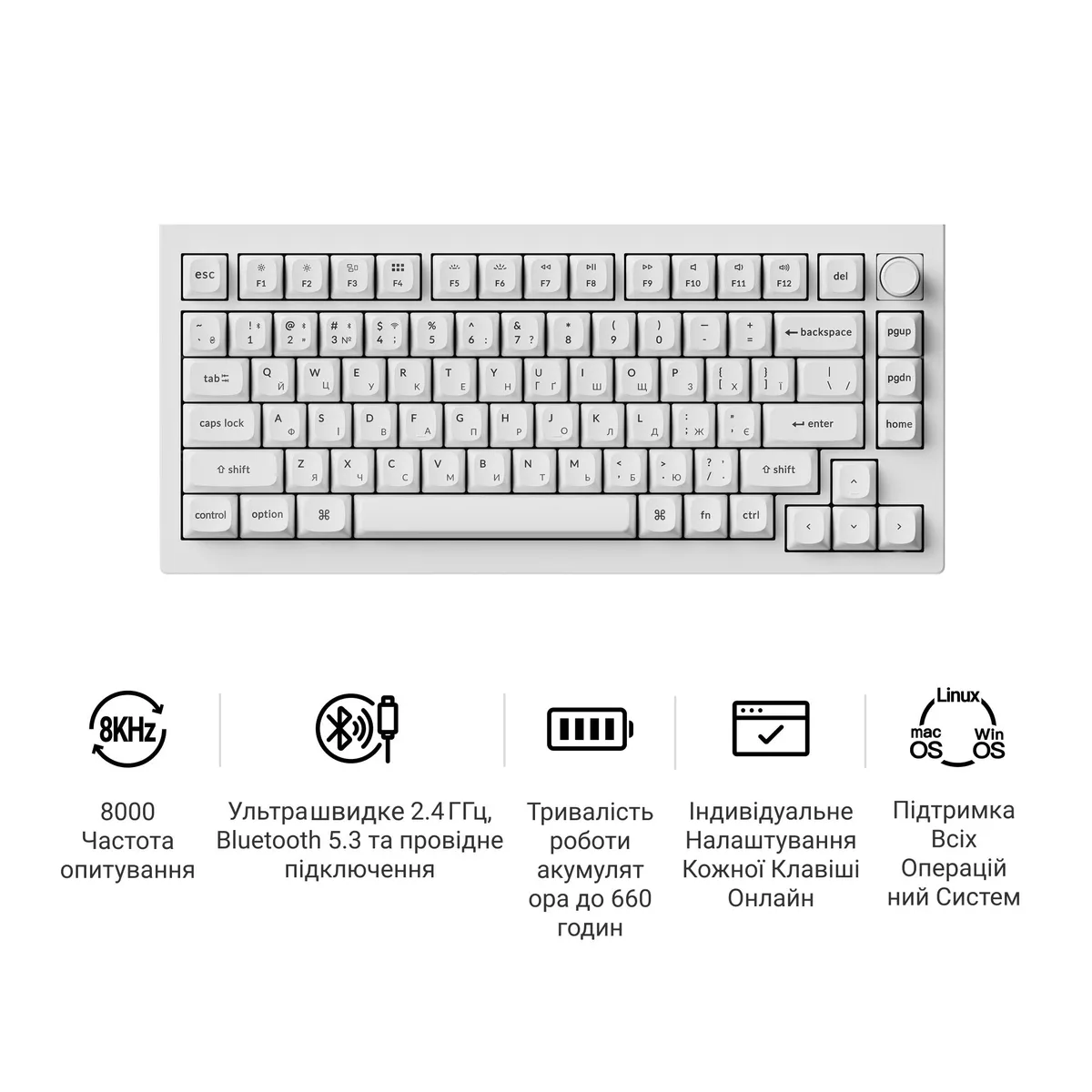 Клавіатура бездротова Keychron V1 Ultra Keychron Red Switch White RGB (V1U-F1-UA) - мініатюра 8