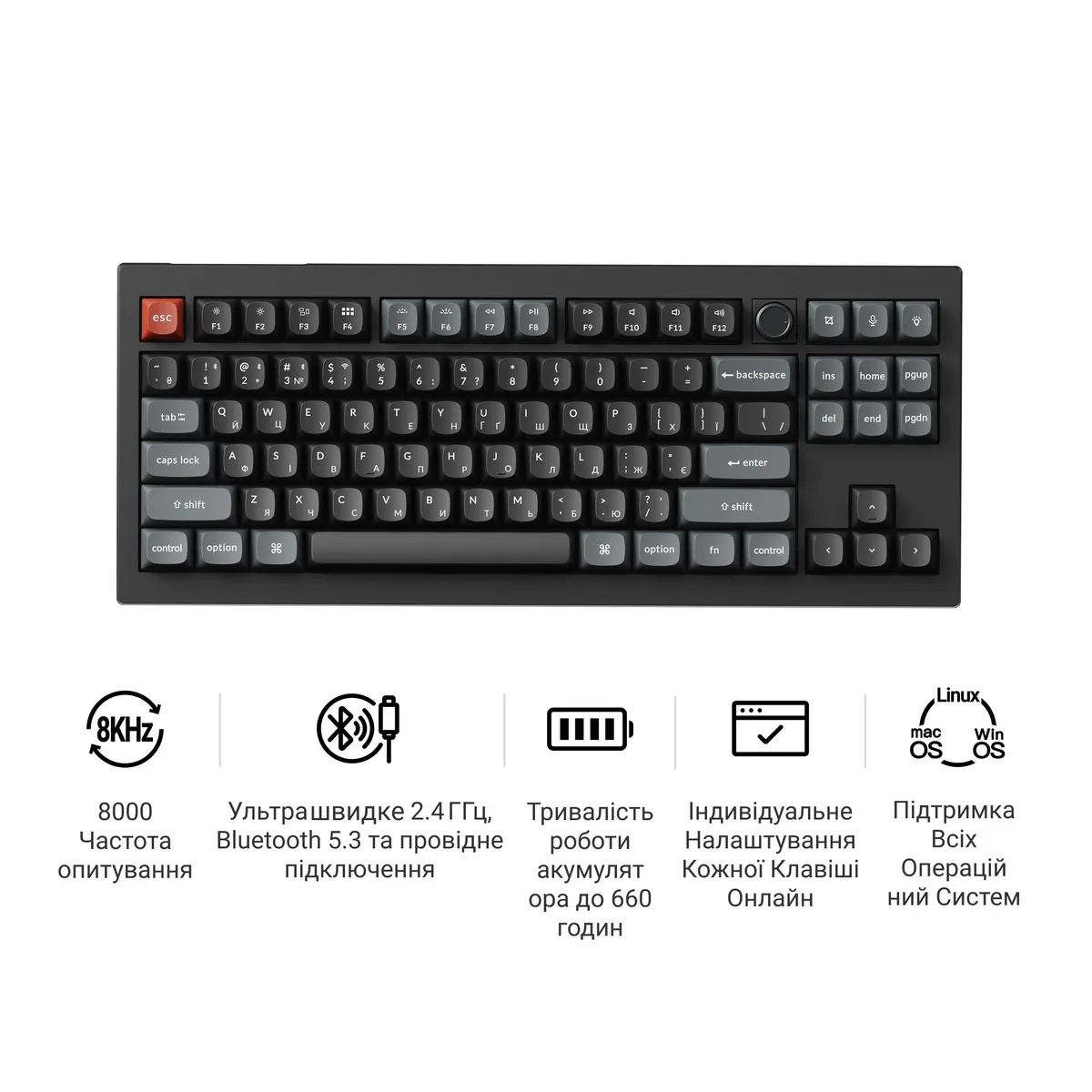 Клавіатура бездротова Keychron V3 Ultra Keychron Red Switch Black RGB (V3U-D1-UA) - мініатюра 8