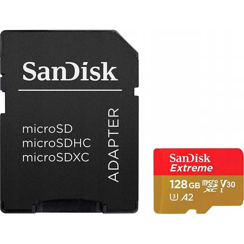 Карта пам`ятi MicroSDXC 128GB UHS-I U3 R190/W90MB/s SanDisk Extreme V30 + SD-адаптер (SDSQXAA-128G-GN6AA) - зображення 1