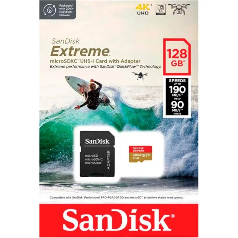 Карта пам`ятi MicroSDXC 128GB UHS-I U3 R190/W90MB/s SanDisk Extreme V30 + SD-адаптер (SDSQXAA-128G-GN6AA) - мініатюра 4
