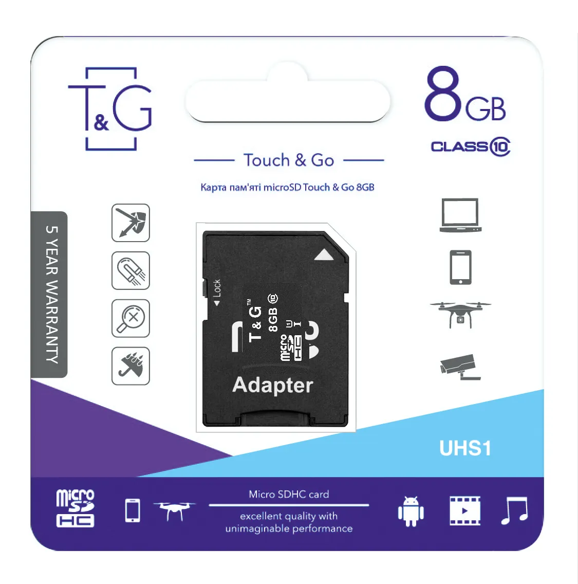 Карта пам`ятi MicroSDHC 8GB UHS-I Class 10 T&G + SD-adapter (TG-8GBSD10U1-01) - мініатюра 2
