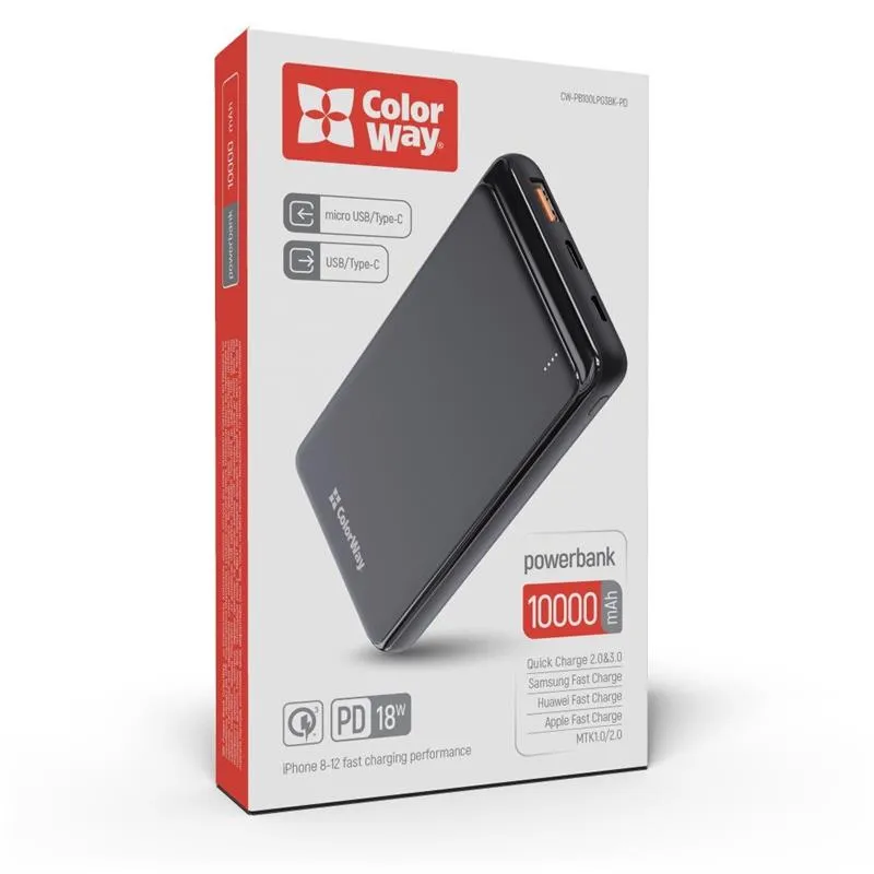 Універсальна мобільна батарея ColorWay Slim PD 10000mAh Black (CW-PB100LPG3BK-PD) - мініатюра 4