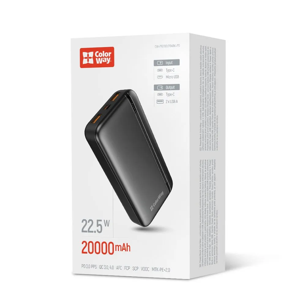 Універсальна мобільна батарея ColorWay Portable Charger 20000mAh Black (CW-PB200LPB4BK-PD) - зображення 1