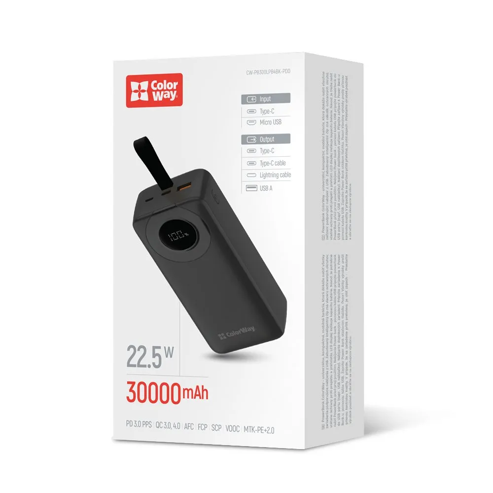 Універсальна мобільна батарея ColorWay EnergyPlus 30000mAh Black (CW-PB300LPB4BK-PDD)