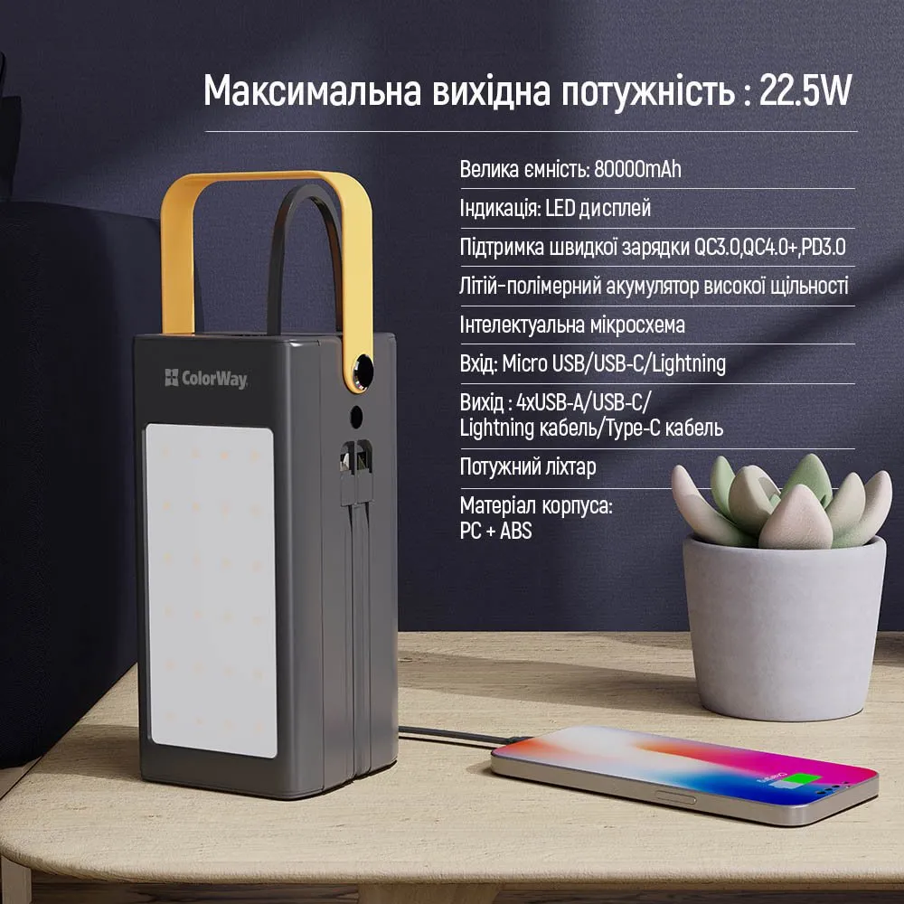 Універсальна мобільна батарея ColorWay LCD/Lamp 80000mAh Black (CW-PB800LPA8BK-PDD) - мініатюра 9