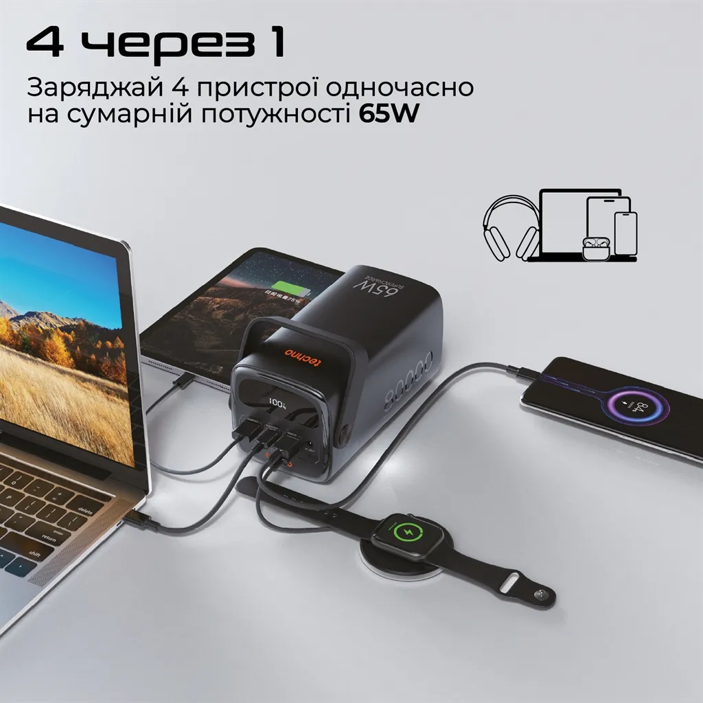Універсальна мобільна батарея Techno 80000mAh PD 65W QC 3.0 Black (powerbank-80) - мініатюра 4