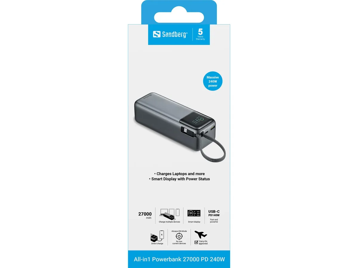Універсальна мобільна батарея Sandberg All-in1 27000mAh PD 240W Grey (421-31) - мініатюра 5