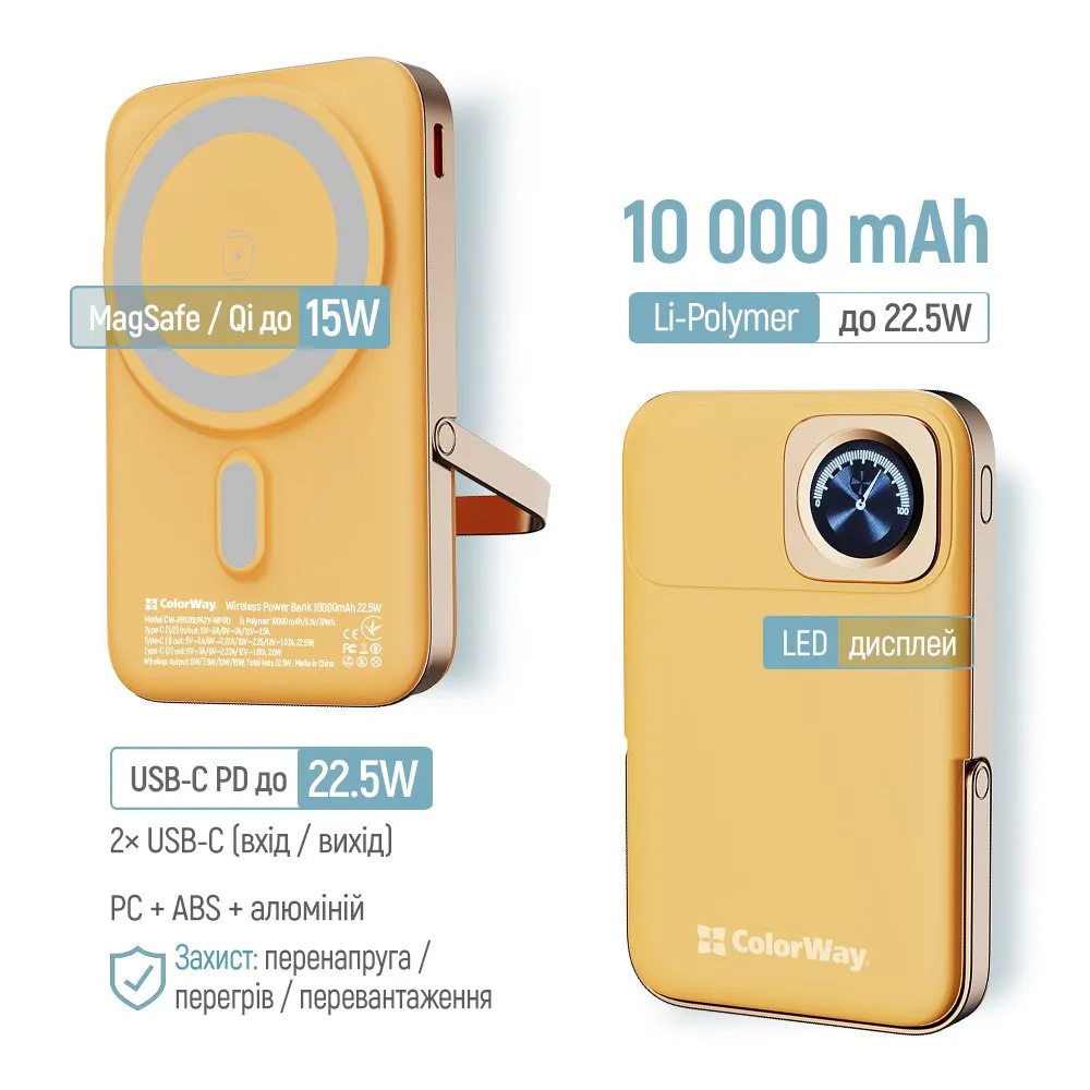 Універсальна мобільна батарея ColorWay 15W MagSafe & Watch Wireless 10000mAh Amber (CW-PB100LPA2Y-WPDD) - мініатюра 6