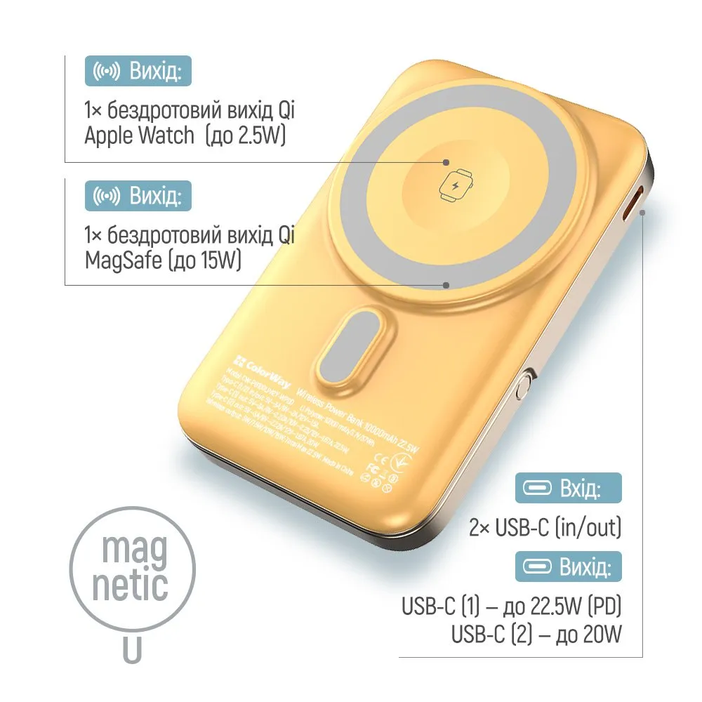 Універсальна мобільна батарея ColorWay 15W MagSafe & Watch Wireless 10000mAh Amber (CW-PB100LPA2Y-WPDD) - мініатюра 7