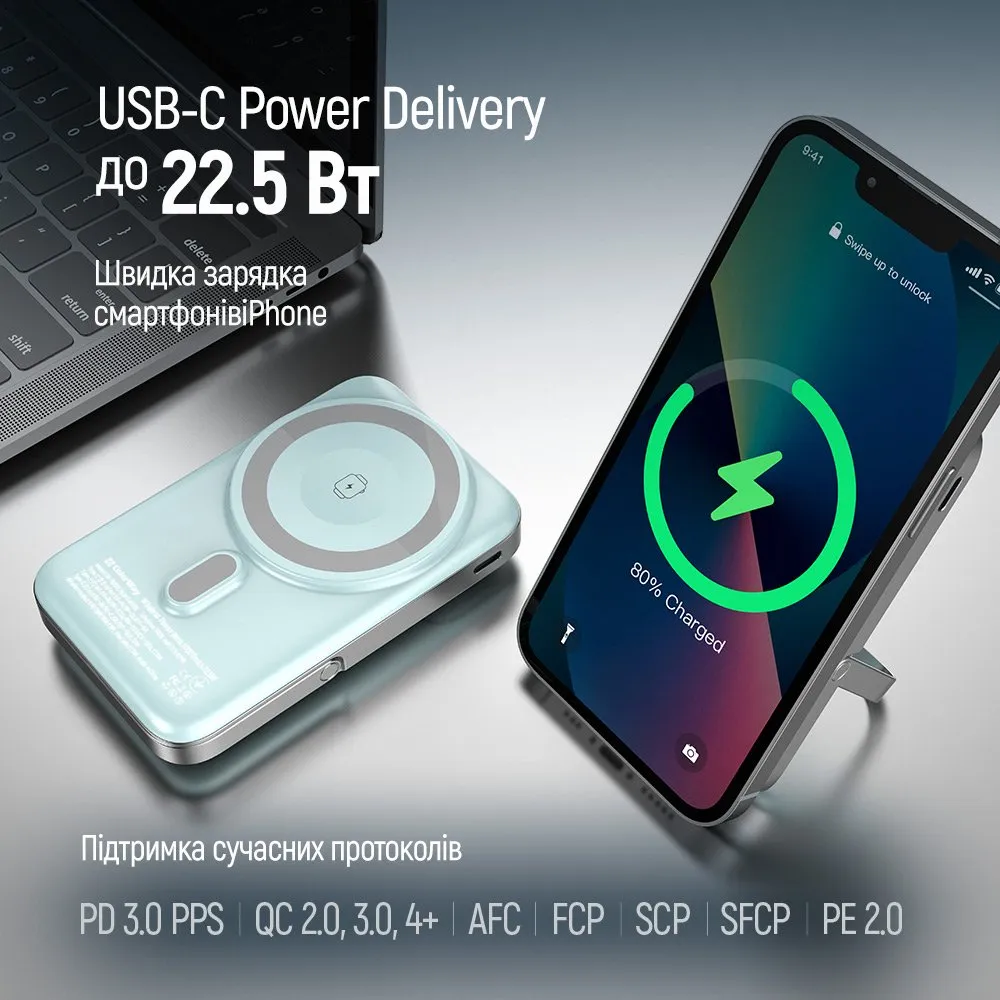 Універсальна мобільна батарея ColorWay 15W MagSafe & Watch Wireless 10000mAh Aquamarine (CW-PB100LPA2MT-WPDD) - мініатюра 11