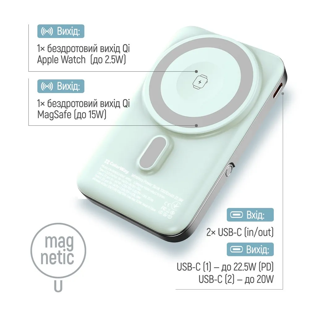 Універсальна мобільна батарея ColorWay 15W MagSafe & Watch Wireless 10000mAh Aquamarine (CW-PB100LPA2MT-WPDD) - мініатюра 7