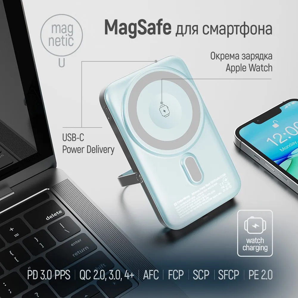 Універсальна мобільна батарея ColorWay 15W MagSafe & Watch Wireless 10000mAh Aquamarine (CW-PB100LPA2MT-WPDD) - мініатюра 8
