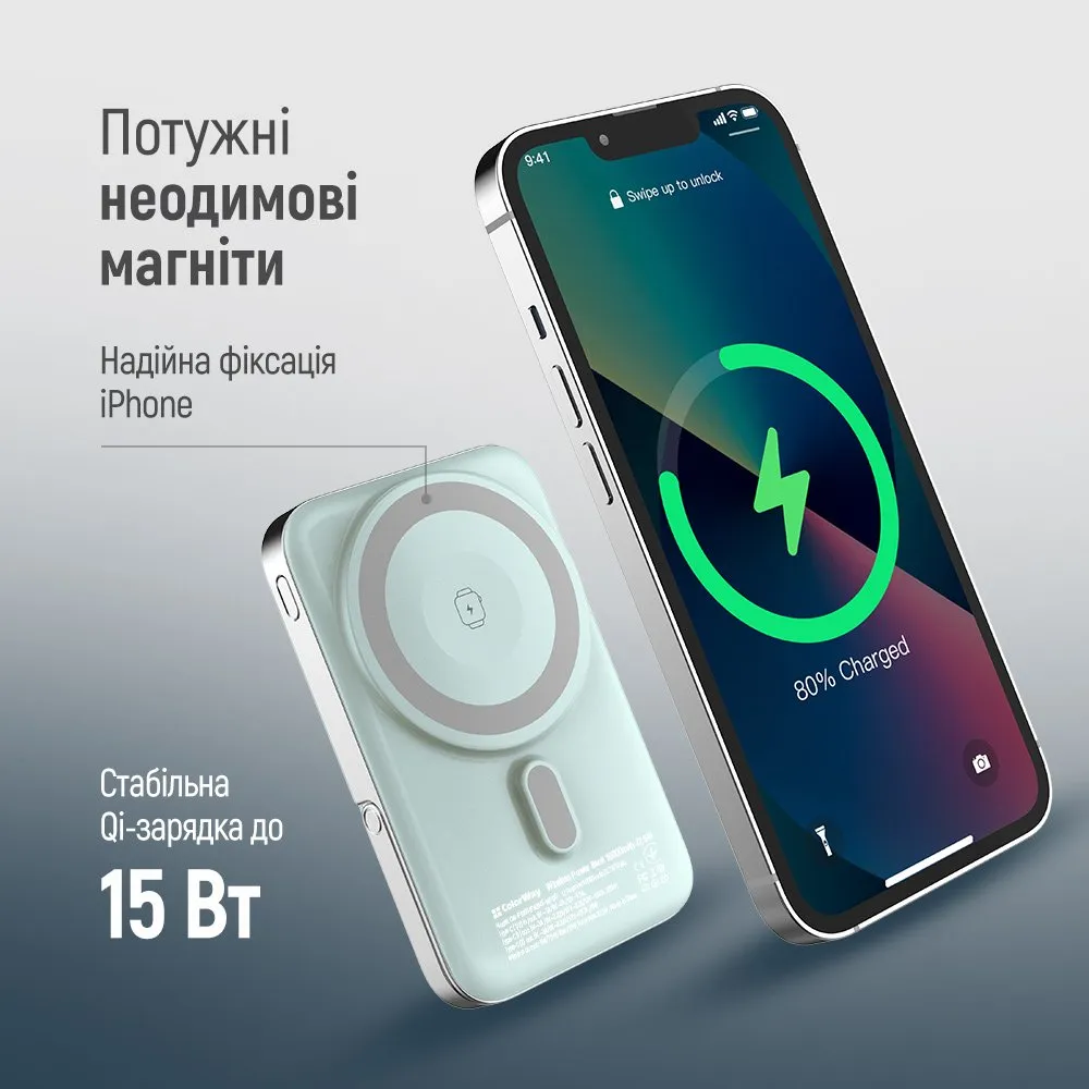 Універсальна мобільна батарея ColorWay 15W MagSafe & Watch Wireless 10000mAh Aquamarine (CW-PB100LPA2MT-WPDD) - мініатюра 9