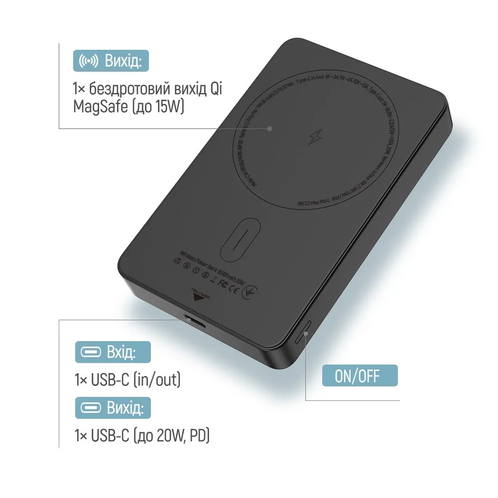 Універсальна мобільна батарея ColorWay 15W MagSafe 10000mAh Black (CW-PB100LPA1BK-WPDD) - мініатюра 6