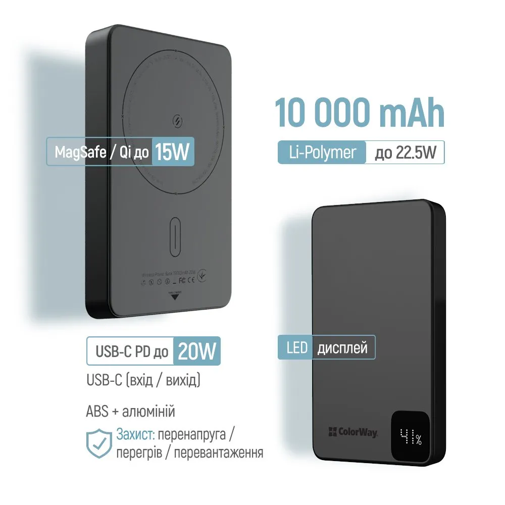 Універсальна мобільна батарея ColorWay 15W MagSafe 10000mAh Black (CW-PB100LPA1BK-WPDD) - мініатюра 7