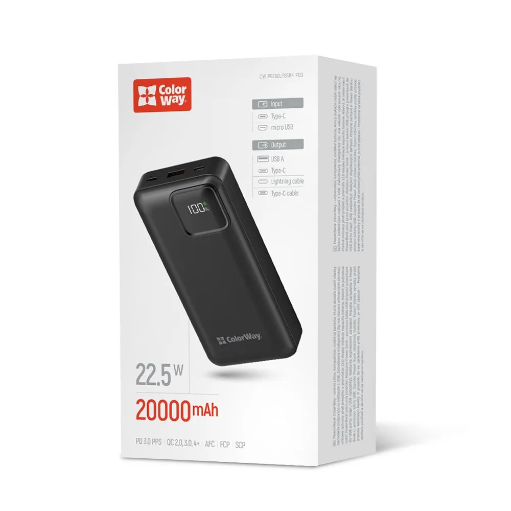 Універсальна мобільна батарея ColorWay Optimal Power 20000mAh Black (CW-PB200LPB5BK-PDD) - зображення 1