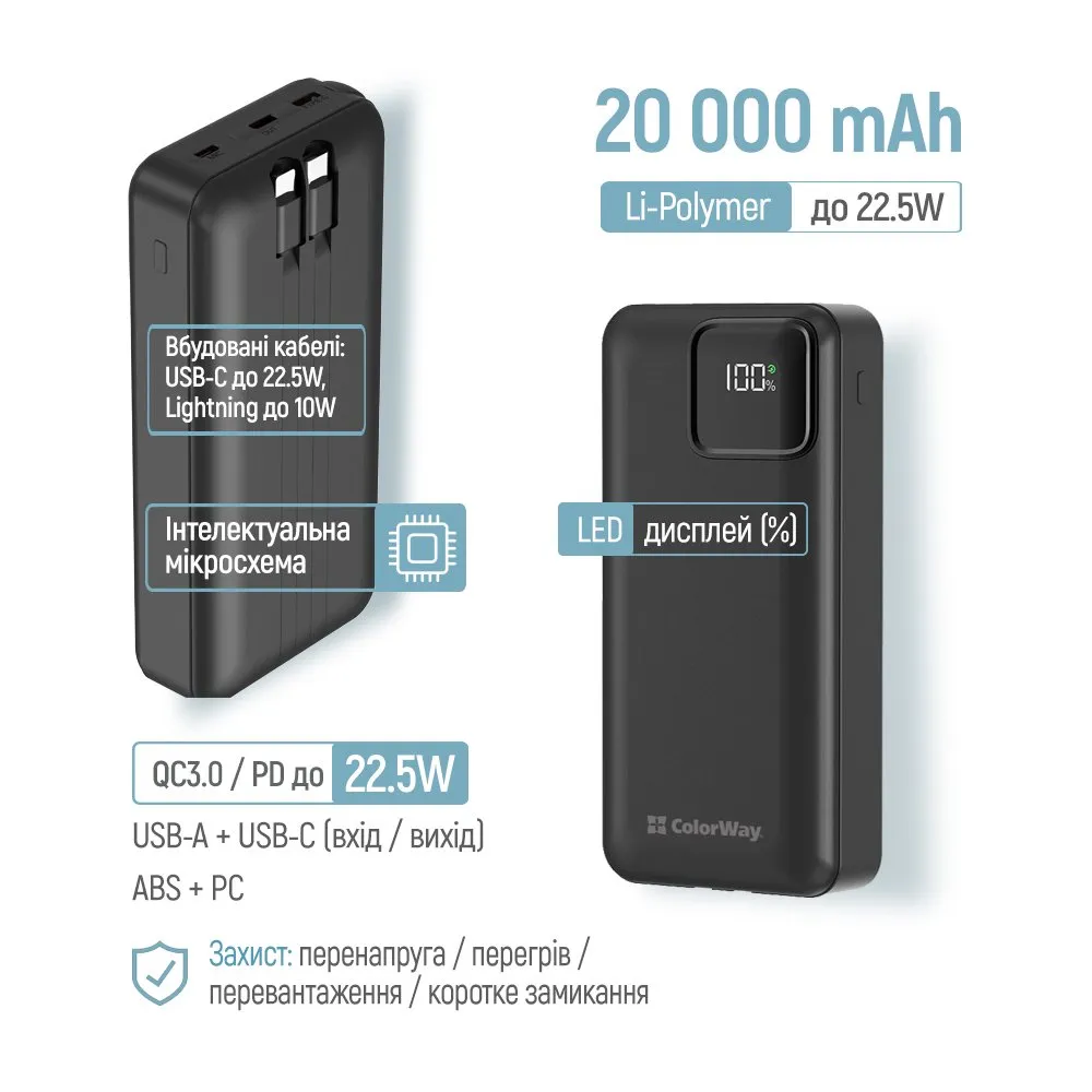 Універсальна мобільна батарея ColorWay Optimal Power 20000mAh Black (CW-PB200LPB5BK-PDD) - мініатюра 7