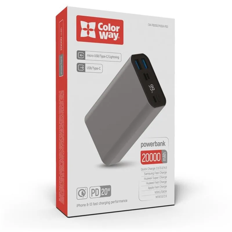 Універсальна мобільна батарея ColorWay 20000mAh Gray (CW-PB200LPH3GR-PDD) - мініатюра 10