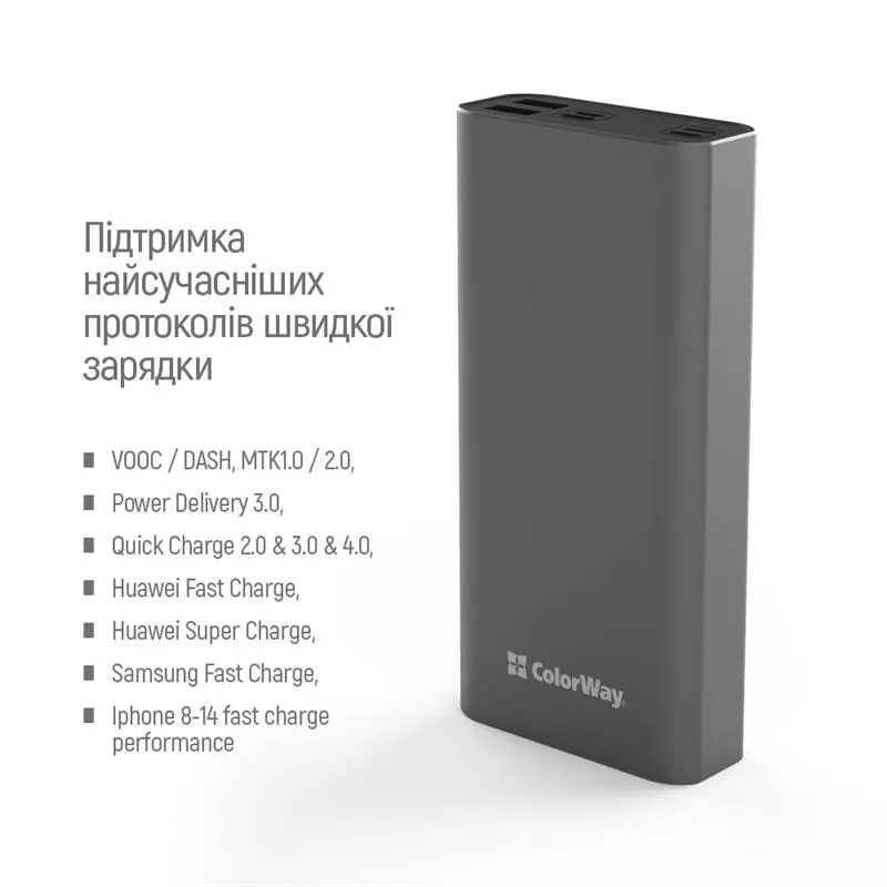 Універсальна мобільна батарея ColorWay 20000mAh Gray (CW-PB200LPH3GR-PDD) - мініатюра 8