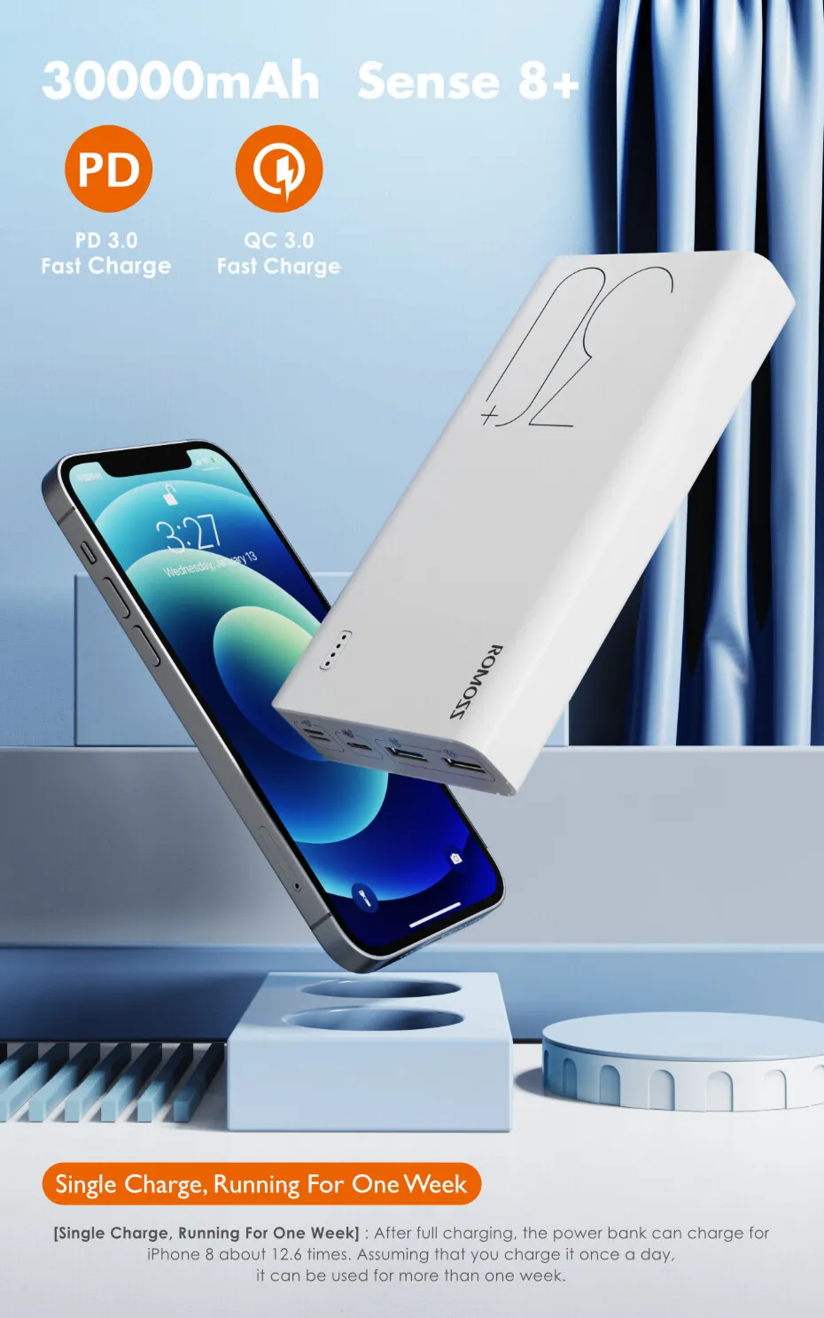 Універсальна мобільна батарея Romoss Sense8+ 30000mAh White (PHP30-401-02) - зображення 1