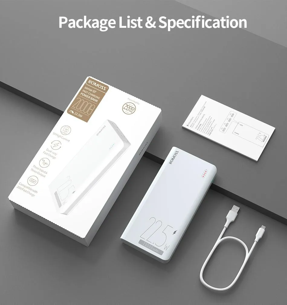 Універсальна мобільна батарея Romoss Sense6F 20000mAh 22.5W White (PPH80-611-1121H) - мініатюра 6