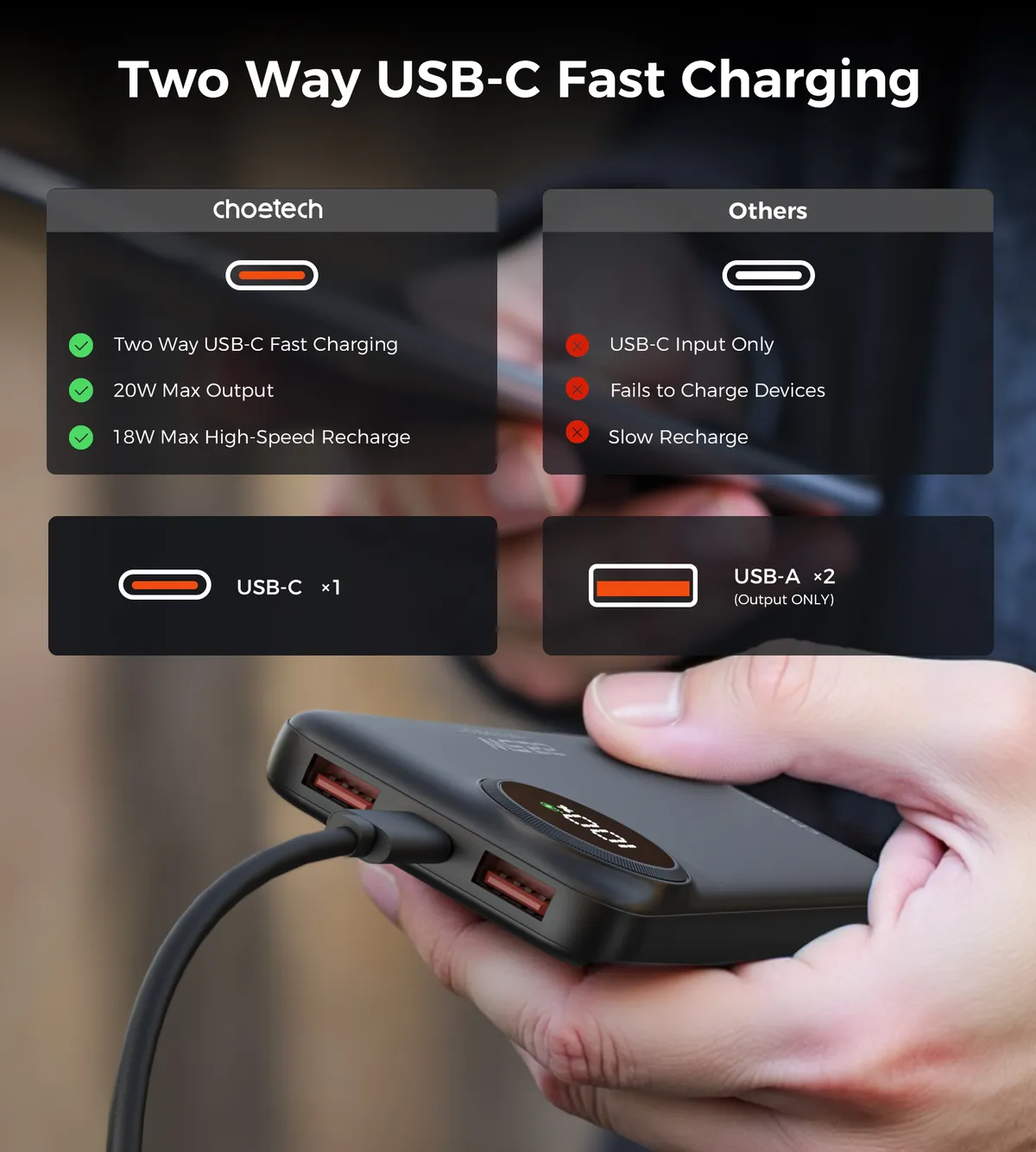 Універсальна мобільна батарея Choetech B791 10000mAh 22.5W Black - мініатюра 5