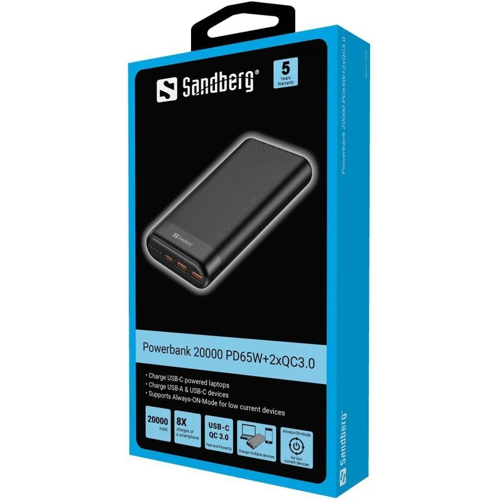 Універсальна мобільна батарея Sandberg Powerbank 20000mAh PD 65W Black (420-62) - мініатюра 3