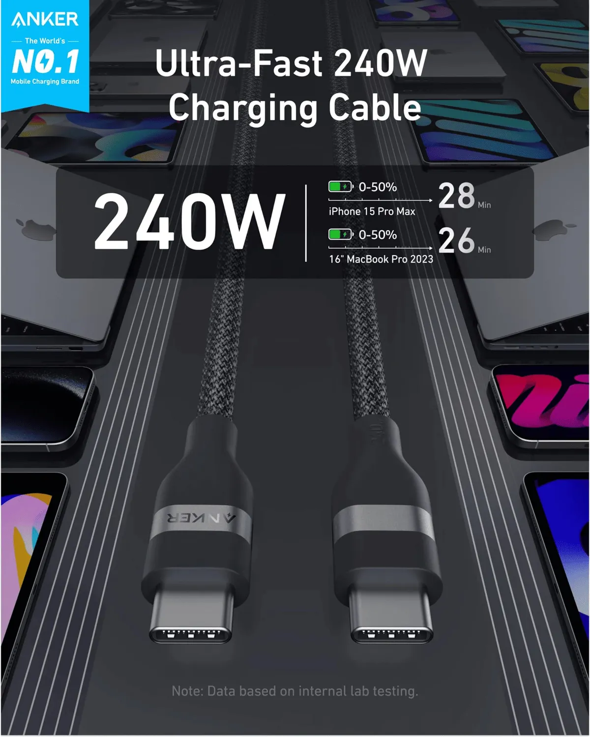 Кабель Anker Upcycled-Braided USB-C - USB-C (M/M), 240W, 1.8 м, Black (A82E2H12) - мініатюра 2