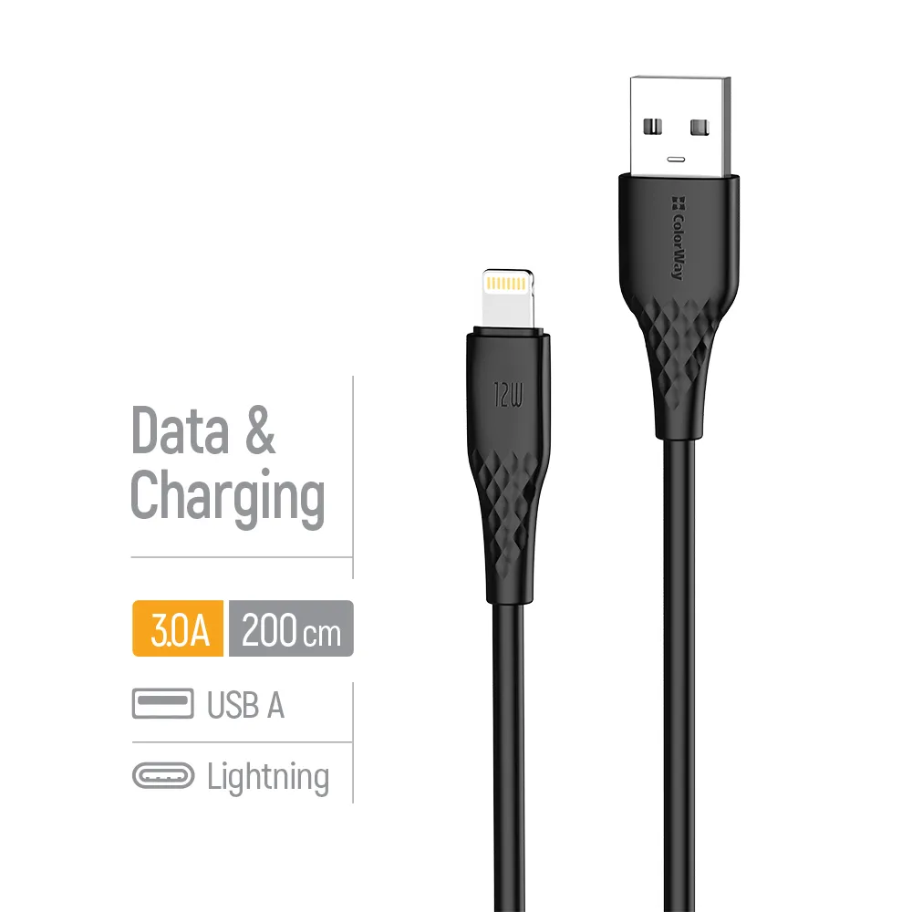 Кабель ColorWay USB - Lightning (M/M), textured PVC, 3А, 2 м, Black (CW-CBUL095-BK) - мініатюра 5