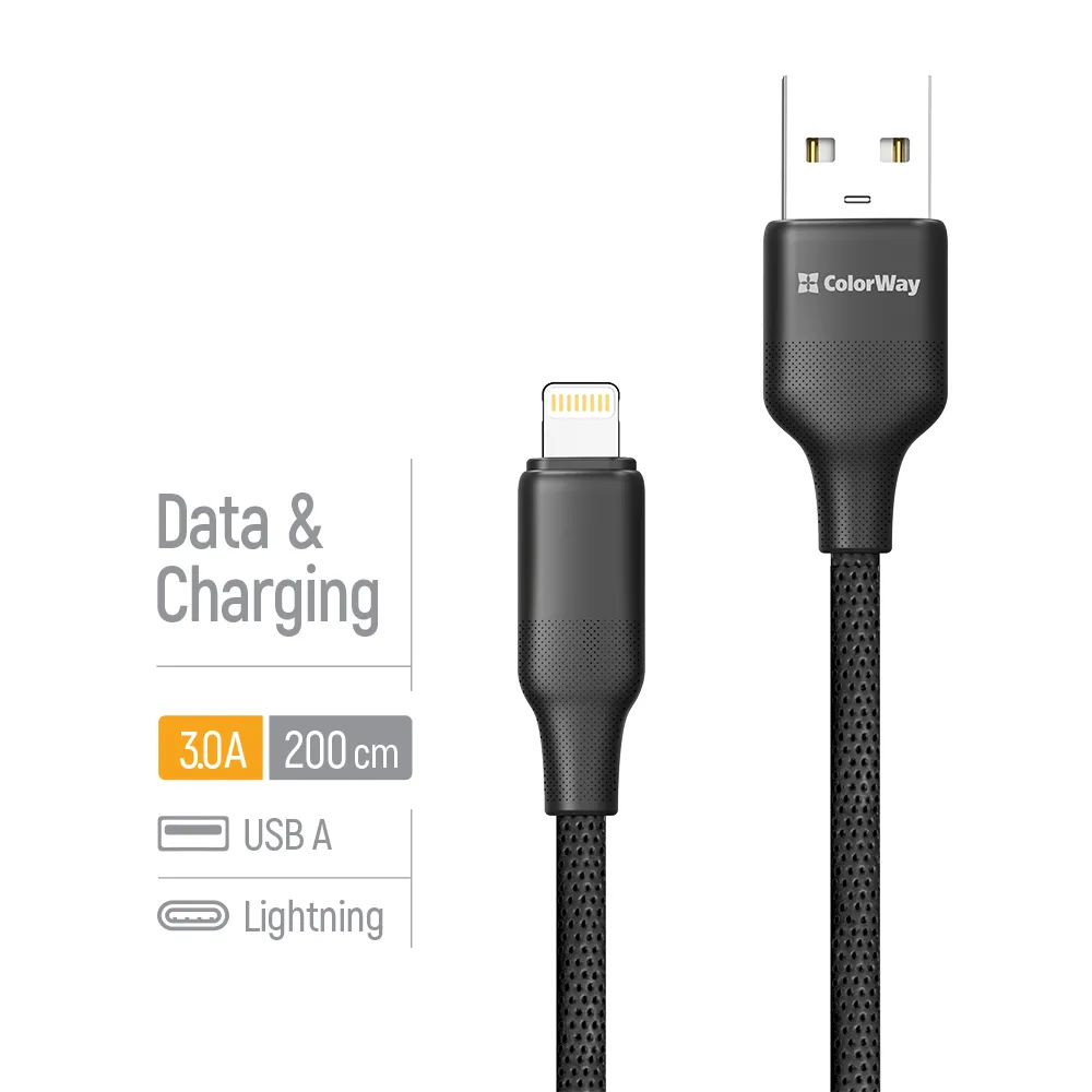 Кабель ColorWay USB - Lightning (M/M), TPE embossed, 3А, 2 м, Black (CW-CBUL102-BK) - мініатюра 5