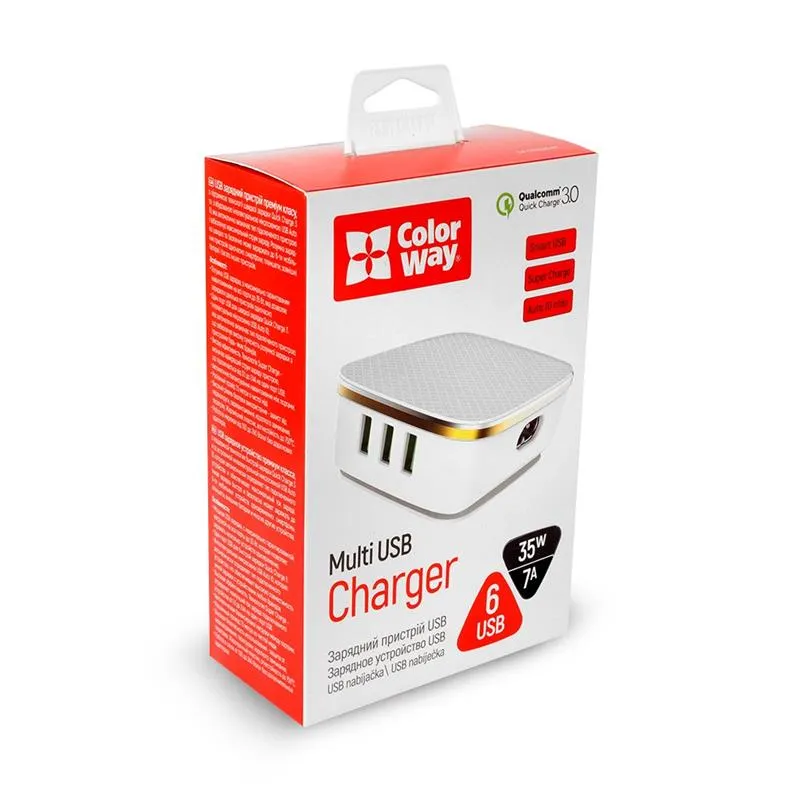 Мережевий зарядний пристрій ColorWay 1QC3.0+5AutoID (6USB, 7A) White (CW-CHS019Q-WT) - мініатюра 9