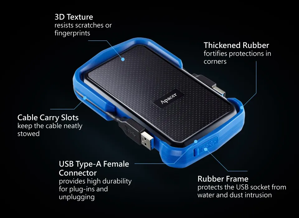 Зовнішній жорсткий диск 2.5" USB 2.0TB Apacer AC631 Black/Blue (AP2TBAC631U-1) - мініатюра 6